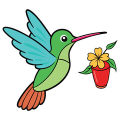Vector art shows a flying hummingbird, a tropical bird with a long beak and vibrant wings, near a flower, illustrating nature and wildlife