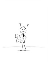 Confused person studying a map simple line art illustration