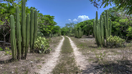 Obraz premium Scenic Dirt Road Through Tropical Cactus Garden