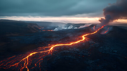 Fototapeta premium Aerial View Of Lava Flowing From Volcano At Sunset