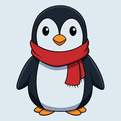 Cute cartoon penguin wearing red scarf on a light blue background
