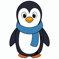 Cute cartoon penguin wearing red scarf on a light blue background
