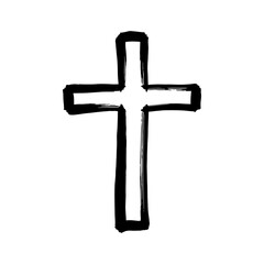 Christian cross icon drawn with a brush. Black rough drawing of a Christian cross