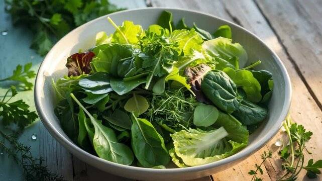 Vibrant green salad featuring spinach, arugula, romaine, and lettuce