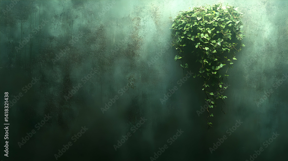 Poster lush green ivy cascading down a textured dark green wall, creating a moody and serene backdrop. perf