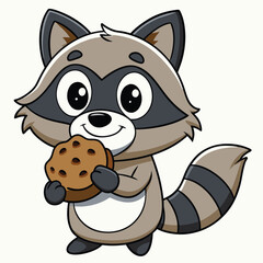 Cute cartoon raccoon holding chocolate chip cookie isolated on white background
