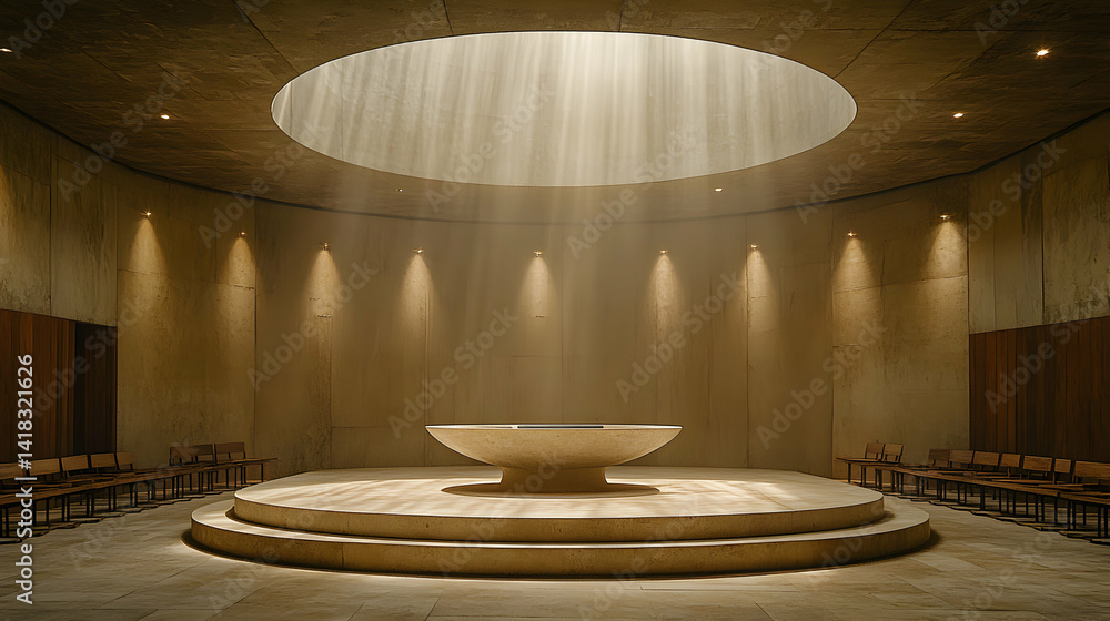 Poster serene baptismal font in a minimalist chapel, bathed in ethereal light streaming through an oculus. 