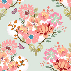 Vector ikat blooming floral seamless pattern