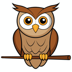 Cute cartoon brown owl perched on branch with big eyes isolated on white background
