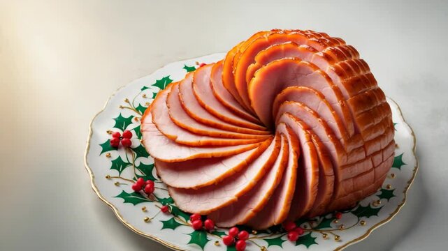 Spiral sliced ham glazed with orange honey on a serving plate