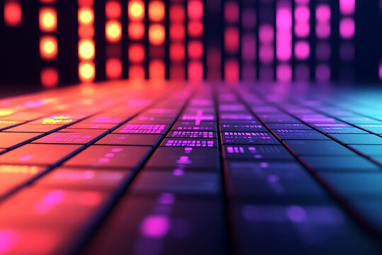 Colorful digital grid, illuminated with vibrant hues.