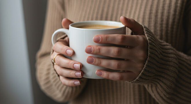 Close-Up of Hands Holding White Coffee Mug in Cozy Morning Light &ndash; Minimalist and Serene Lifestyle Moment
