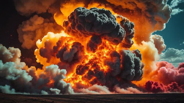 Dramatic fire burning video with overlay of explosion, smoke, and dust