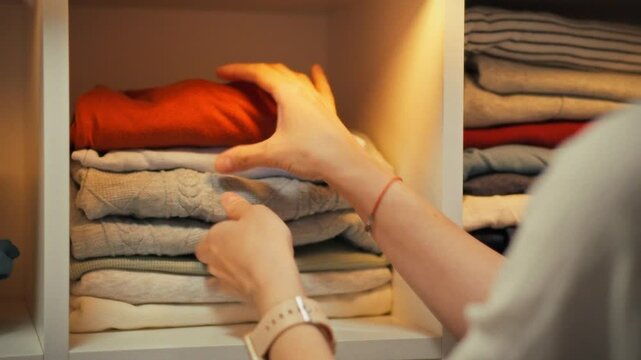 A person is folding and arranging neatly stacked clothes in a wardrobe. The action occurs indoors, showcasing a focused effort to keep the space orderly for efficient storage and easy access