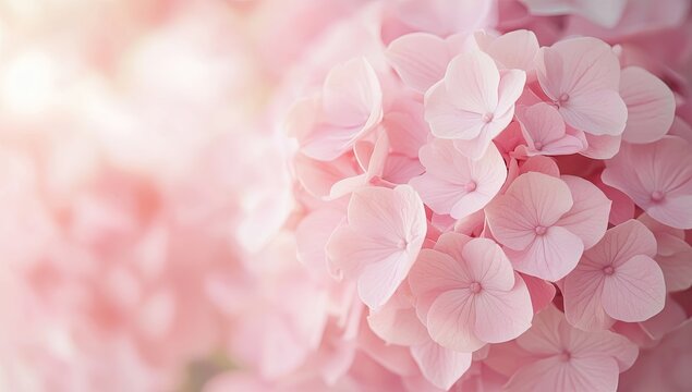 Close-up of delicate pink hydrangea blossoms.