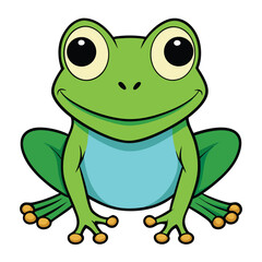 A cute green frog cartoon vector illustration shows a happy amphibian character sitting with a smile