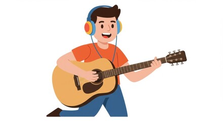 Happy boy playing guitar with headphones illustration