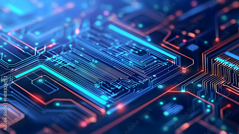 Poster abstract circuit board with glowing lines and colors