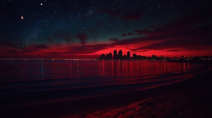 Dramatic city skyline reflected in a crimson sunset.