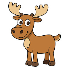 Cute cartoon Wild reindeer with brown fur and antlers standing in winter snow