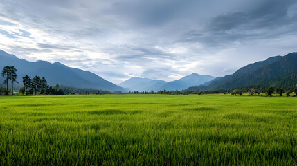 Fototapeta premium Expansive Green Rice Paddy Field With Mountain Range Background