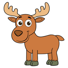 Cute cartoon Wild reindeer with brown fur and antlers standing in winter snow