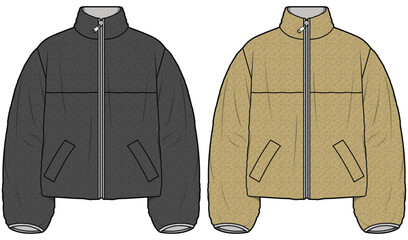 High Neck Lamb Fur Zip Up Jacket, Teddy Jacket Fashion Illustration, Vector, CAD, Technical Drawing, Flat Drawing, Template, Mockup.