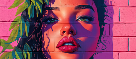A colorful painting of a womans face on a pink brick wall