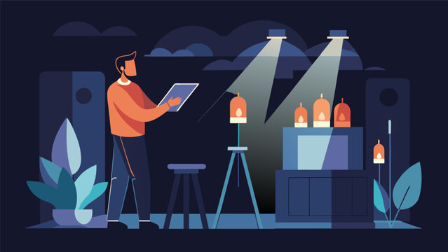 A team member adjusting lighting and visuals to create a somber and reverent atmosphere for a memorial service.. Vector illustration