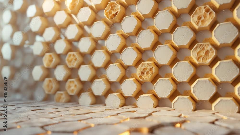 Poster minimalistic honeycomb texture background showing rows of volumetric hexagons in light, animated wal