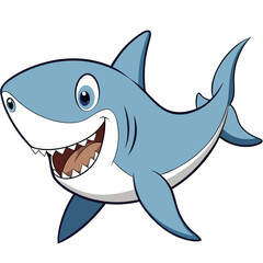 Naklejka premium Cartoon shark vector illustration on white shows a blue sea animal with a prominent fin and sharp teeth, a dangerous predator of the ocean