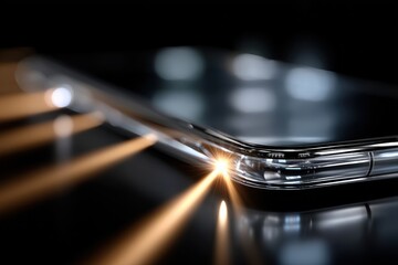 This image captures a sleek smartphone design reflecting light, showcasing its modern aesthetics and elegance in a minimalist environment ideal for tech enthusiasts.