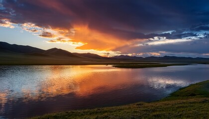 sunset on a lake in Mongolia