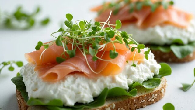 Cream cheese sandwich with smoked salmon and micro greens on a background, emphasizing health care and superfood concept
