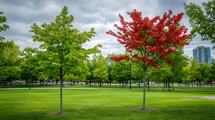 Fototapeta premium Red And Green Trees In Urban Park On Cloudy Day