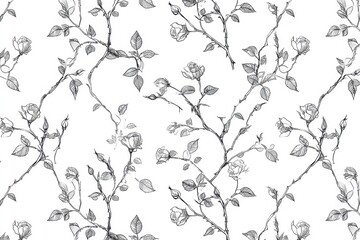 Delicate black and white sketch of rose branches with buds and leaves, creating a floral pattern perfect for elegant designs.