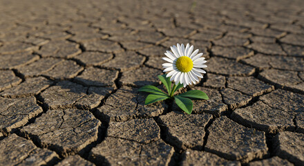 Lone Daisy on Cracked Dry Earth &ndash; Symbol of Resilience and Hope in Drought Conditions

