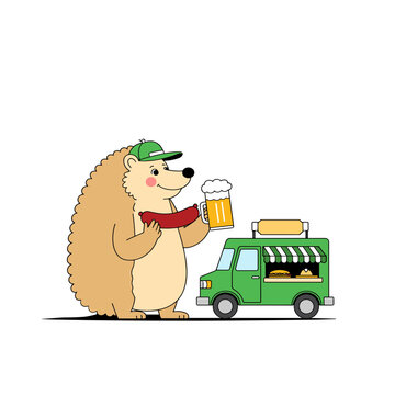 Hedgehog enjoying sausage and beer beside green food truck, playful illustration