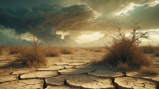 Desolate dry land under a polluted cloudy sky highlighting climate change and desertification
