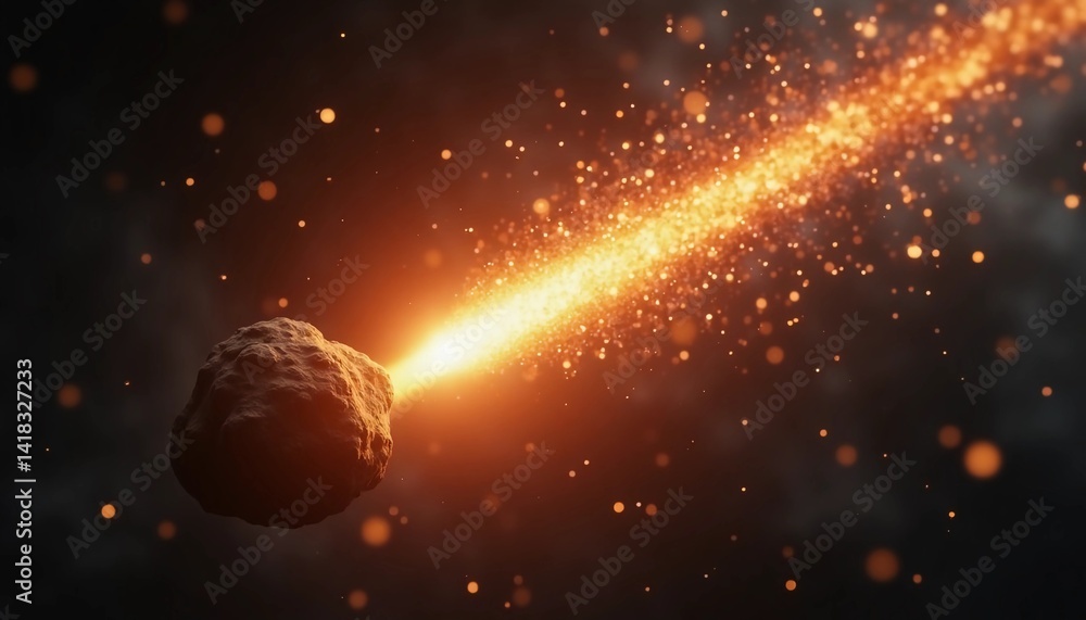 Poster a brilliant meteor hurtles through space, igniting a fiery tail of glowing particles as it travels s