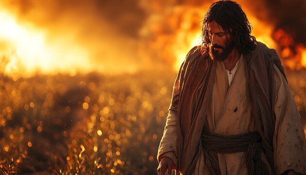 Jesus amidst fiery destruction, contemplating suffering.