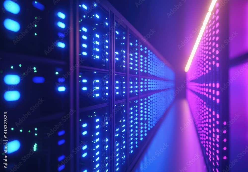 Aufkleber close-up of glowing data servers with vibrant blue and pink lighting in a futuristic corridor. great