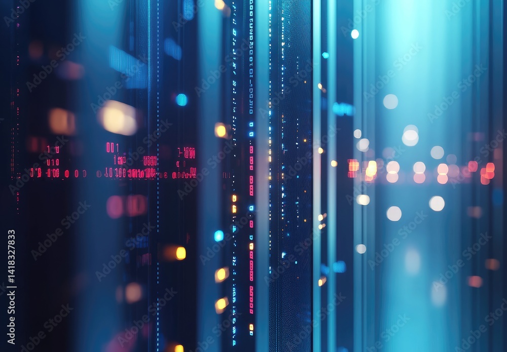 Poster Abstract digital server room with glowing red and blue data streams, futuristic reflections, and soft light bokeh. Ideal for cybersecurity, data flow, and AI visuals