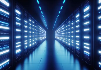 Fototapeta premium Futuristic data center hallway with glowing server racks, illuminated in blue light. Ideal for technology, cloud computing, and cybersecurity visuals