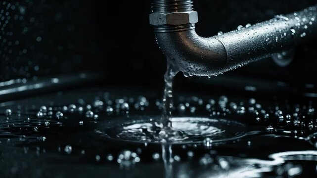 Drain water from bathroom pipe plumbing due to clogging, water leaking from stainless steel pipe under sink