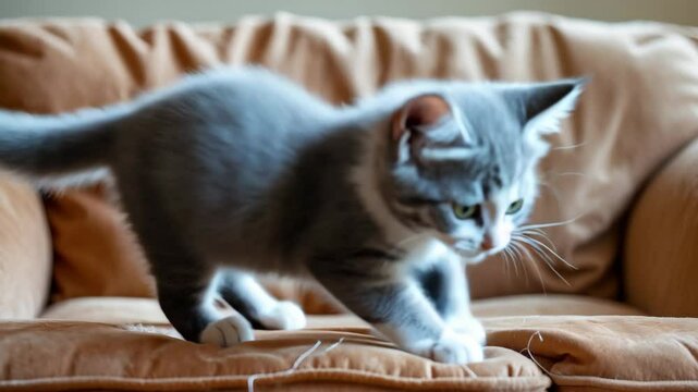 Orange fabric sofa being scratched by a kitten