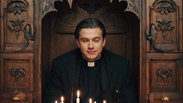 Thoughtful young clergyman seated inside an ornate wooden confessional box adorned with lit candles creating a dimly lit environment.