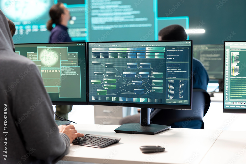 Poster cyber security experts working on spyware and malware detection in a governmental agency center. exa