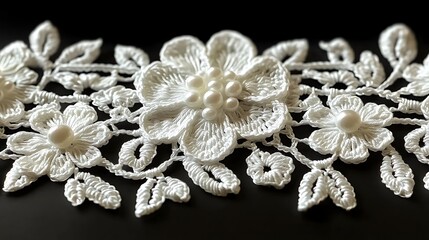 Obraz premium Delicate white lace trim with floral designs and pearls.