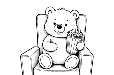 Coloring book. Linear black and white drawing. The cute teddy bear is sitting in an armchair and holding a popcorn. White background